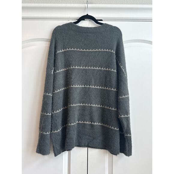 Torrid Gray Cozy Fuzzy Sweater with White/ Sliver Scallop Stitching Stripes - Picture 6 of 7